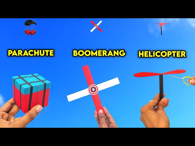 3 best paper flying toys , how to make parachute launcher , Marvel Boomerang , paper helicopter