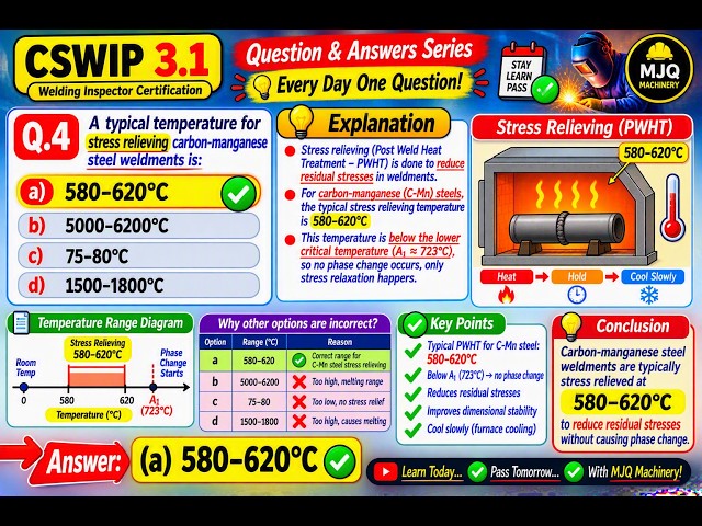 🚀 Q4. CSWIP 3.1 Daily Question | Stress Relieving Temperature of C-Mn Steel ✅🔥 | PWHT Explained 📚🌡️
