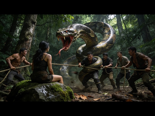 Woman surrounded by five men in deep forest, saved by a giant snake